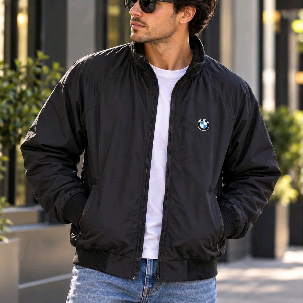 BMW Men's Black Windbreaker Jacket Large Full Zip Embroidered Logo Lightweight